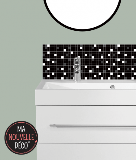 CRÉDENCE DE SALLE DE BAINS CÉLESTE motif mosaïque petits carreaux noir - blanc - gris - ma nouvelle decoration