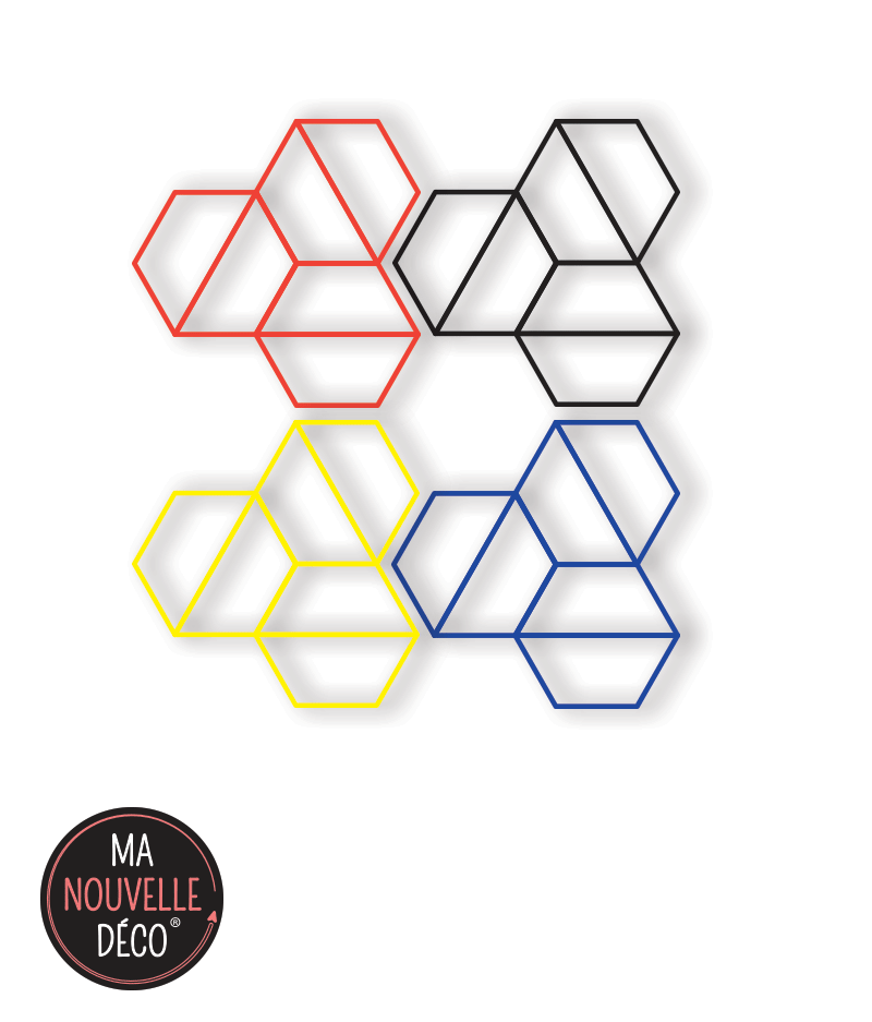 Décoration murale héxatriangle - présentation composition des 4 modèles géométrique design - rouge - bleu - jaune - noir -